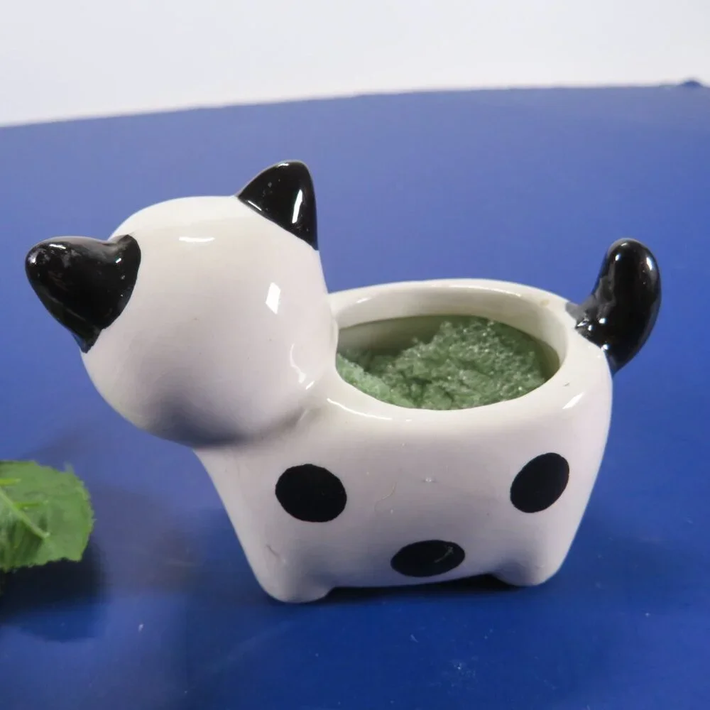 Mini Polka Dot Ceramic Dog w flowers or trinkets 2 3/4